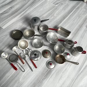 Vintage 1950's Metal Child Kitchen Toy Play Cooking Aluminum Tin Baking Red Lot
